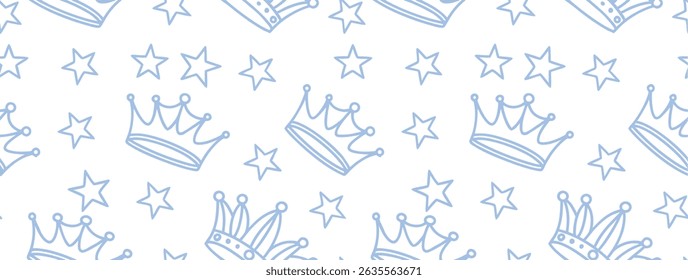Seamless crown and star pattern in soft blue line art style. Ideal for princess themes, birthday party  and royal celebration graphics. Hand-drawn sketch style background design.