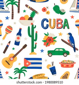 Seamless Cuban pattern with Cuba touristic symbols on white background. Endless repeating texture with Caribbean rum, Havana cigar, food, and plants. Colored flat vector illustration for printing