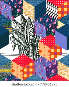 Seamless cube pattern in patchwork style. Abstract vector illustration. Print for fabric, wallpaper, unusual invitation card.`