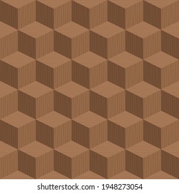 Seamless cube pattern. Wooden cubes, textured dark parquet. 3D mosaic vector illustration.