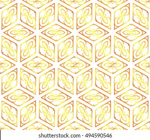 Seamless cubes with ornament. Abstract vector illustration. yellow orange gradient color. For the design, printing, wallpaper