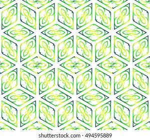 Seamless cubes with ornament. Abstract vector illustration. green gradient color. For the design, printing, wallpaper