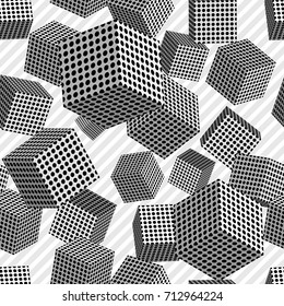 seamless cubes, squares, points, black circles, 3d, white, halftone, pattern, texture. strip