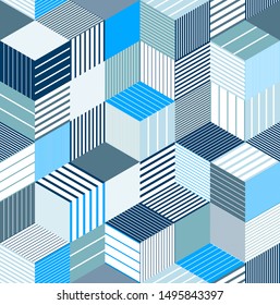 Seamless cubes vector background, lined boxes repeating tile pattern, 3D architecture and construction, geometric design.