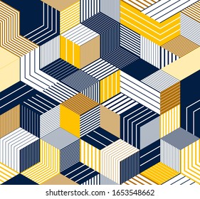 Seamless cubes vector background, lined boxes repeating tile pattern, 3D architecture and construction, geometric design.