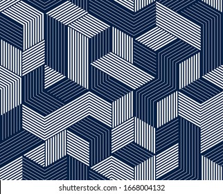 Seamless cubes vector background, lined boxes repeating tile pattern, 3D architecture and construction, geometric design.