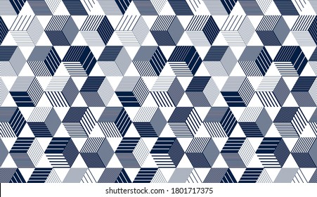 Seamless cubes vector background, lined boxes repeating tile pattern, 3D architecture and construction, geometric design.