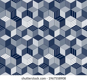 Seamless cubes vector background, lined boxes repeating tile pattern, 3D architecture and construction, geometric design.
