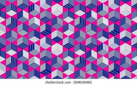 Seamless cubes vector background, lined boxes repeating tile pattern, 3D architecture and construction, geometric design.