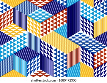 Seamless cubes vector background, rhombus and triangles boxes repeating tile pattern, 3D architecture and construction, geometric design.