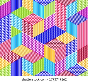 Seamless cubes vector background, rhombus and triangles boxes repeating tile pattern, 3D architecture and construction, geometric design.