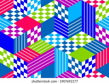 Seamless cubes vector background, rhombus and triangles boxes repeating tile pattern, 3D architecture and construction, geometric design.