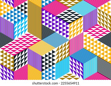 Seamless cubes vector background, rhombus and triangles boxes repeating tile pattern, 3D architecture and construction, geometric design.