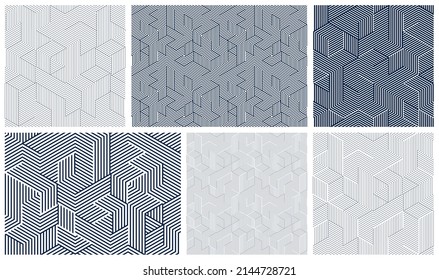 Seamless cubes vector backgrounds set, lined boxes repeating tile patterns, 3D architecture and construction, geometric designs.