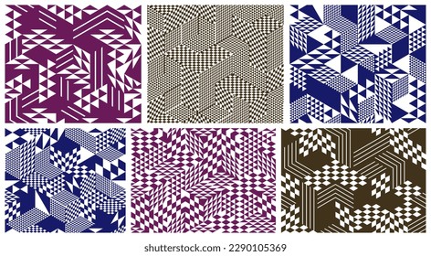 Seamless cubes vector backgrounds set, rhombus and triangles boxes repeating tile patterns, 3D architecture and construction, geometric designs.