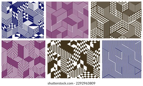 Seamless cubes vector backgrounds set, rhombus and triangles boxes repeating tile patterns, 3D architecture and construction, geometric designs.