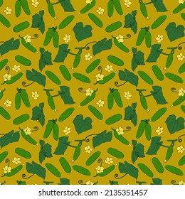 Seamless cucumber background with leaves, flowers and vegetables. Vector graphics.