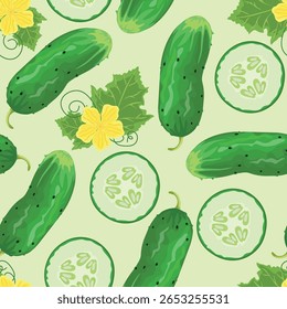 Nahtloses Gurkenmuster mit ganzen Gemüse, Scheiben, Blättern und gelben Blumen. Perfekt für Küchentextilien, Verpackungen, Scrapbooking und digitale Projekte.