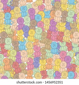 Seamless cuddly pastel multi coloured lion pattern with Leo astrological sign.