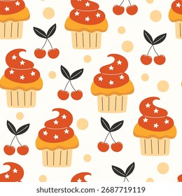 Seamless culinary pattern with cupcakes topped with cream and cherries on white background