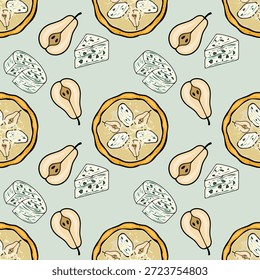 Seamless culinary pattern with pear and gorgonzola pizza accompanied by fruit halves and cheese crumbles on white.
