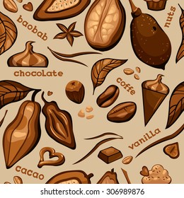 Seamless culinary pattern. Sweet ingredients - chocolate, cocoa, coffee, baobab fruit, cacao, vanilla and nuts.
