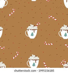 Seamless Cup chocolate with Candy Cane and whipped cream,Pattern mug of hot drink with chocolate topping.Cute Design for winter,Christmas or new year holiday greeting season wrapping papers