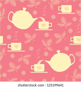 Seamless with a cup and a kettle on a pink background./ Pink pattern