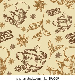 Seamless with cup of tea . Hand drawn  