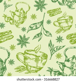 Seamless with cup of tea . Hand drawn 