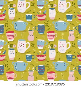 Seamless cup and vase crockery pattern on green background. Seamless kitchenware vector for textile print or packaging in bright joyful hues