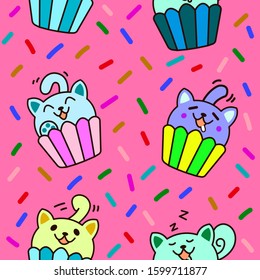 Seamless Cupcake Cats Pattern Vector Illustration EPS 10