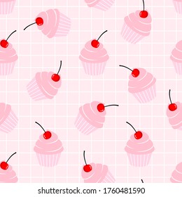 Seamless of cupcake with cherry on pink grid cell background vector. Cute cartoon dessert pattern.