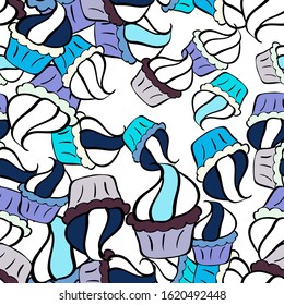 Seamless cupcake, fairy cake. Cute birthday pattern on black, blue and white. For food poster design. Vector.