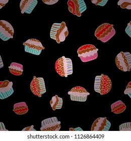 Seamless cupcake, fairy cake. Vector. Cute birthday pattern on black, orange and neutral. For food poster design.