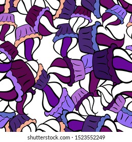Seamless cupcake, fairy cake. Vector. For food poster design. Cute birthday pattern on black, white and violet.