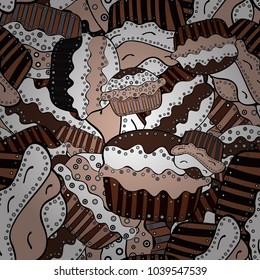 Seamless with cupcake. For food poster design on white, black and neutral. Wrapping paper. Vector illustration.