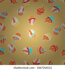 Seamless with cupcake. For food poster design on yellow, orange, white, neutral and blue. Wrapping paper. Vector illustration.