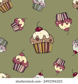 A seamless cupcake and muffin pattern in pastel tones, a hand-drawn cupcake background, a pastry wrapping paper design