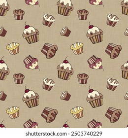 A seamless cupcake and muffin pattern in pastel tones, a hand-drawn cupcake background with a cherry on top