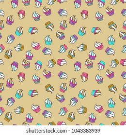 Seamless with cupcake on beige, white and black Background. Wrapping paper. Vector illustration. For food poster design.