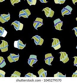 Seamless with cupcake on black, yellow and white Background. For food poster design. Wrapping paper. Vector illustration.