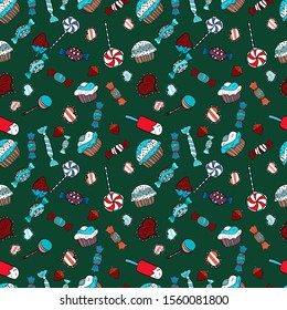 Seamless with cupcake on blue, green and white Background. For food poster design. Wrapping paper. Vector illustration.