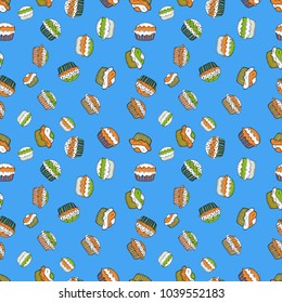 Seamless with cupcake on blue, white and orange Background. For food poster design. Wrapping paper. Vector illustration.