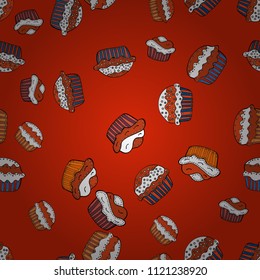 Seamless with cupcake on red, orange and white Background. Vector illustration. For food poster design. Wrapping paper.