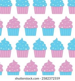 Seamless cupcake pattern for baby gender reveal party, birthday party, kids party. Sweet treat.