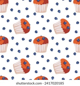 Seamless cupcake pattern with blueberry cupcake vector illustration. Sweet food. Background with birthday muffin decoration. Berry muffin. Repeated print for wallpaper, wrapping, packing, textile.