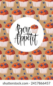 Seamless cupcake pattern with Bon Appetit sign vector illustration. Positive inspirational phrase in French enjoy your meal. Berry muffin cupcake. Repeated print for wallpaper, wrapping, packing