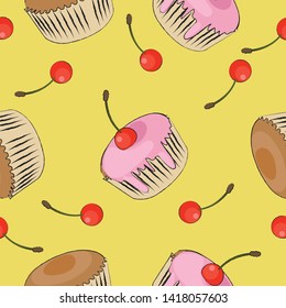 Seamless cupcake pattern. Cupcake with cherry. Hand drawn background