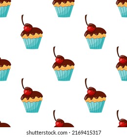 seamless cupcake pattern with chocolate icing and cherry. vector illustration on a white background.
